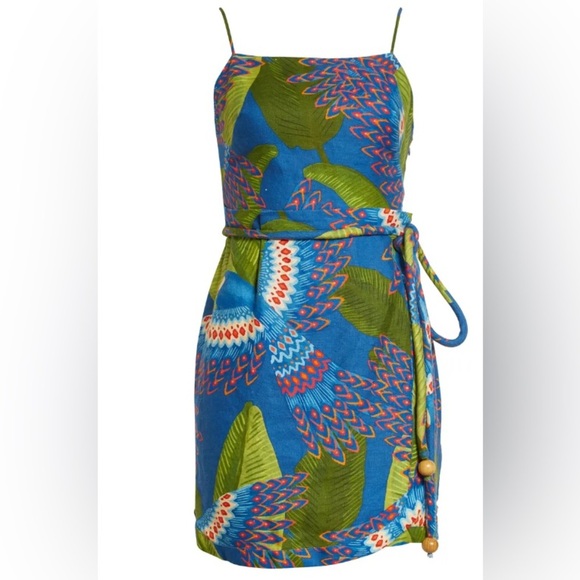 FARM RIO Blue Macaw Print Linen Mini Wrap Dress Tropical Vacation - Picture 2 of 10